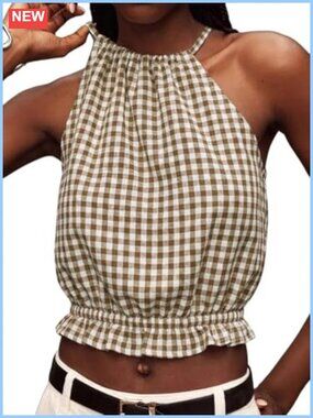Women's Halter Tank Top Sleeveless Crop Linen High Neck Ruffle Hem Summer